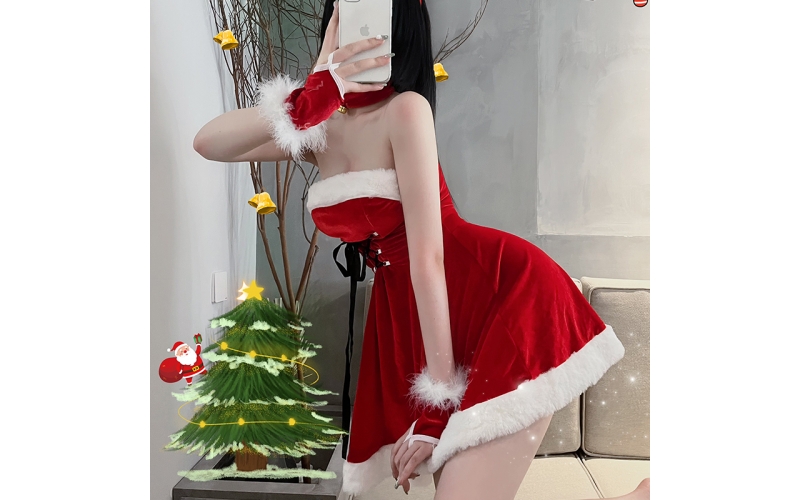 Women Christmas Lingerie Set 3 Piece Sexy Santa Babydoll Red Chemise with Belt and Cuffs